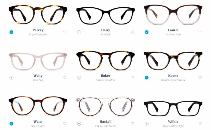 collection of warby parker home try-on glasses