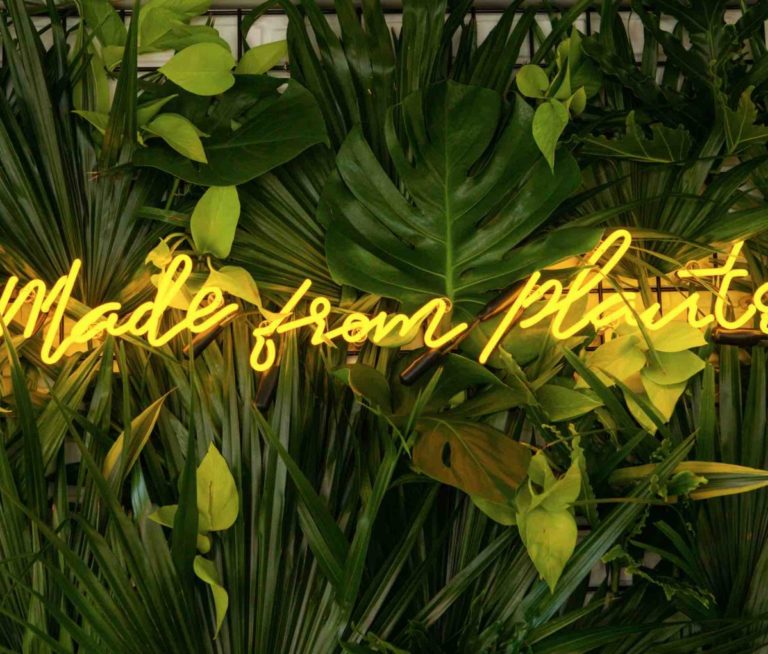 neon sign against greenery - made from plants